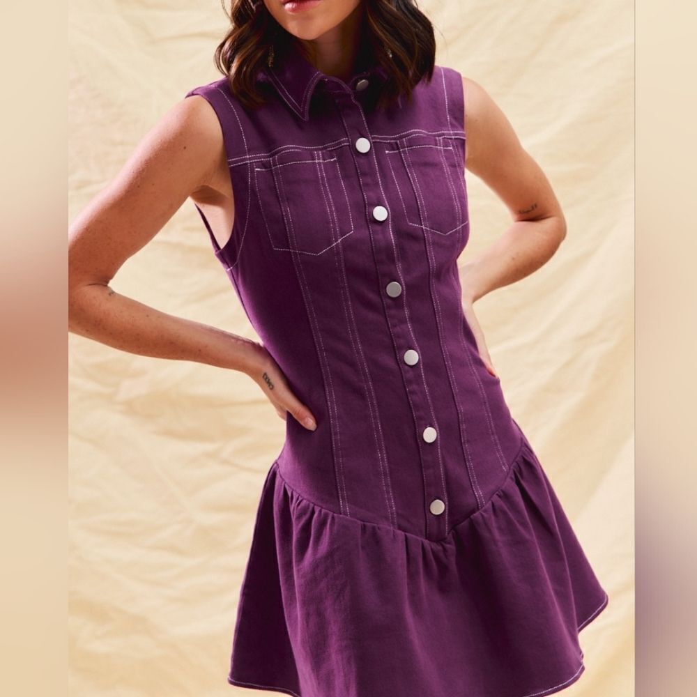 Purple Sleeveless Button-Down Dress White Stitching size Medium - Picture 10 of 14
